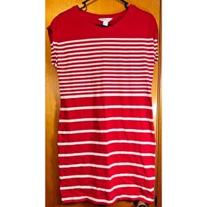 Liz Claiborne Red White Striped Cotton T-Shirt Dress Womens Short Sleeve Small